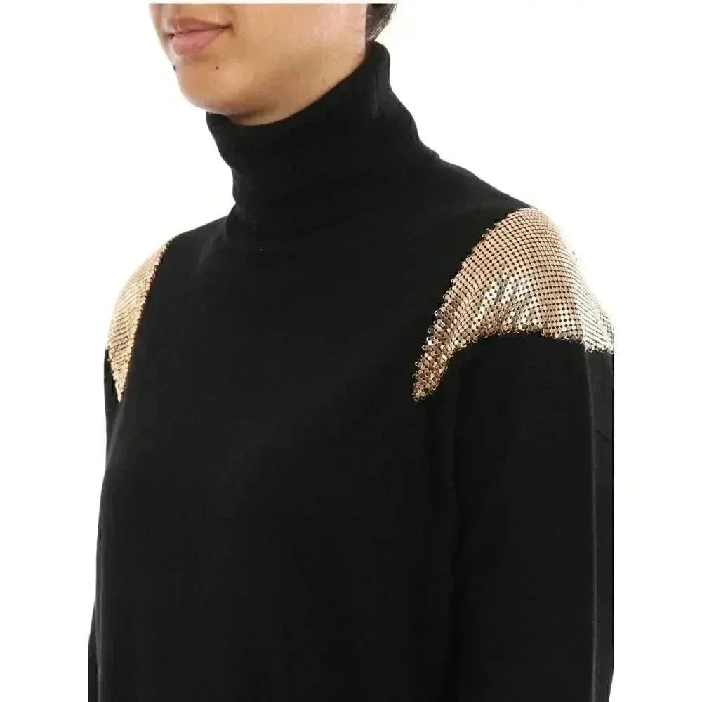 Pinko Women's Black Acrylic Knit Sweater Dress w Relaxed Turtle Neck & Gold Shou